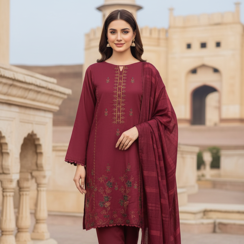 Elegant Maroon Unstitched 3-Piece Suit – Premium Fabric & Classic Design