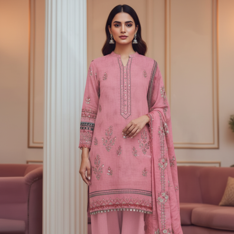 Graceful Pink Unstitched 3-Piece Suit – Elegant Embroidered Look