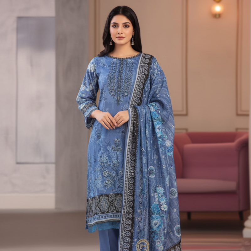 Premium Blue Unstitched Lawn Suit – Elegant Design for Every Occasion